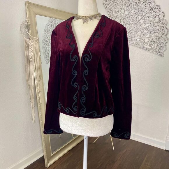 Union Made in USA 1970s Whimsygoth Burgundy Velvet Embroidered Blazer Jacket S M - Picture 2 of 8
